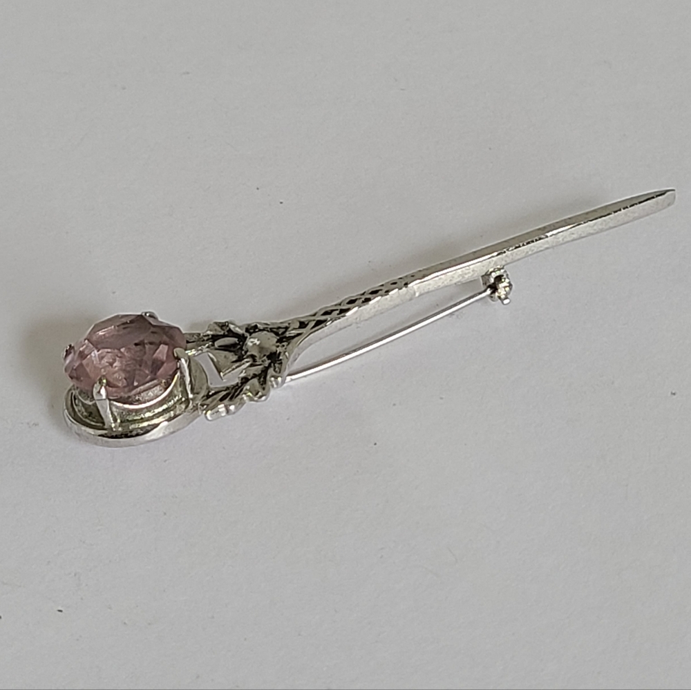 Vintage Silver Tone Pink Amethyst Glass Scottish Thistle Sword Kilt Brooch Pin - Picture 7 of 12
